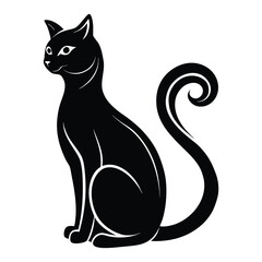 Elegant black cat silhouette sitting with curled tail