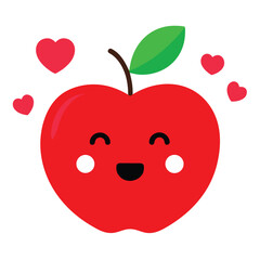 Charming red apple illustration with adorable floating hearts and a shy smiling face