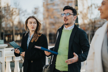 A team of young people interacts and collaborates outdoors in a city environment. Discussing ideas,...
