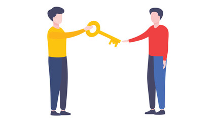Two people exchanging a golden key in a simple flat vector illustration on a white background scene