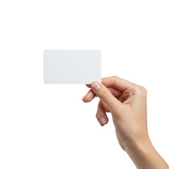 Obraz premium Young caucasian female hand, clean and well-groomed, gently holds a prominent empty blank white plastic card on a pristine seamless studio background, concept of identity and presentation
