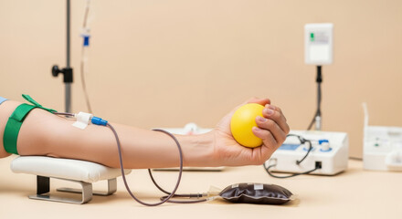 Close up of person donating blood while squeezing a yellow ball, with medical equipment visible in a clinical setting