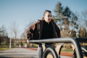 A girl performs exercises on fitness bars outdoors in a sunny park, displaying determination and...