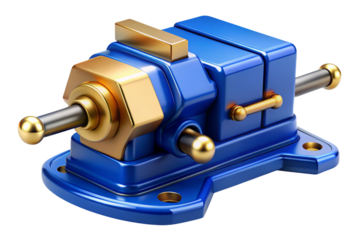 Detailed metallic blue vise with brass accents isolated on transparent background