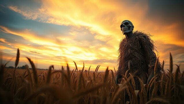 Creepy scarecrow in wheat field at sunset halloween horror background spooky season art - Powered by Adobe