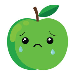 Sad green apple character with a teardrop and trembling lips expressing sadness