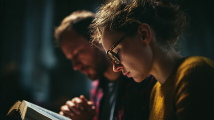 Couple praying together with Bible in church