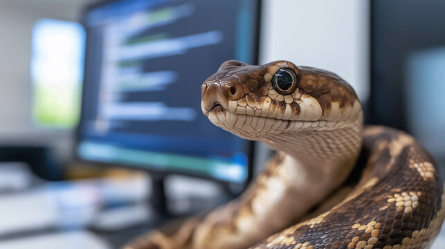 Snake python reptile with scales by desktop monitor displaying code, eye in focus, texture showcased.