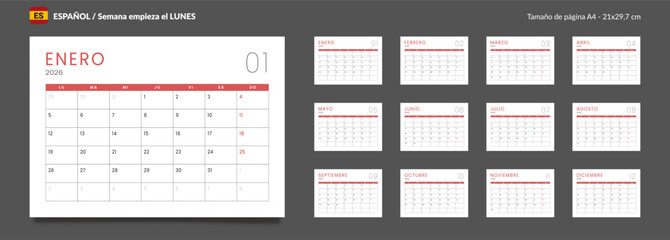 2026 Spanish language Set of Monthly pages Calendar Planner Templates. Vector layout of a wall or desk simple calendar with week start Monday in grey and red color for print. Pages size A4 21x29.7cm