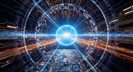 Fototapeta premium AI sphere with neon cyber circuit network on dark futuristic digital background for technology, data processing and innovation concept