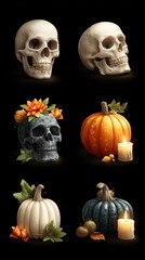 Decorative skulls and pumpkins arranged artistically for autumn and Halloween celebration