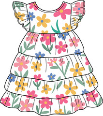 Cute Floral Tiered Ruffle Sleeve Toddler Dress Design for Summer Playtime and Children's Fashion Apparel, Adorable Kidswear Illustration with Colorful Flowers