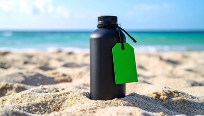 Obraz premium Matte Black Bottle with Green Tag on Sandy Beach with Ocean Background