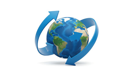 Earth globe surrounded by blue arrows indicating global movement on a white background illustration ai genrated