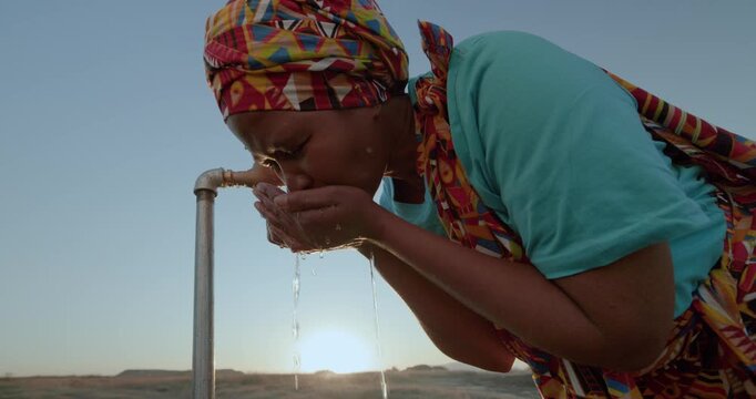 Backlit cropped close-up of a Black African woman in traditional clothing drinking water from a faucet at sunset
