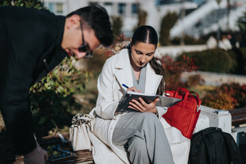 Obraz premium Two young people engaging in work and collaboration outdoors, utilizing a tablet and pen, conveying creativity, teamwork, and modern business concepts in a natural setting.