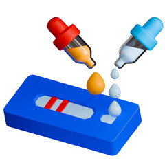 3D illustration of a rapid test kit with serum and buffer solution dropping onto the sample area.