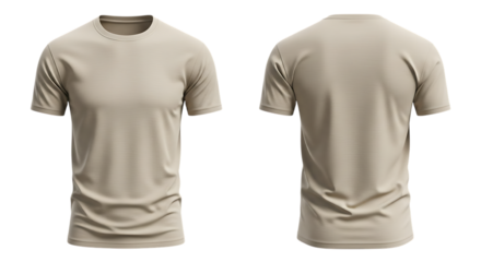 Two tan t shirts front and back view isolated on transparent background