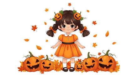 Fototapeta premium Cute anime girl with pumpkins halloween celebration isolated on transparent background