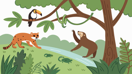 Vibrant cartoon jungle animals illustration. Jaguar, toucan, bear, and reptiles in a lush tropical rainforest scene with a stream. Vector art.