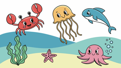 Naklejka premium Vibrant and cute cartoon sea animals illustration featuring friendly crab, jellyfish, dolphin, starfish, and octopus in a lively underwater ocean scene for children.