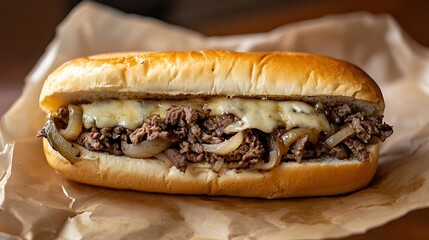 Cheesesteak Sandwich with Melted Cheese and Onions on a Hoagie Roll