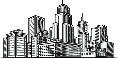 Fototapeta premium Detailed Hand-Drawn City Skyline – Monochrome Skyscraper Illustration
