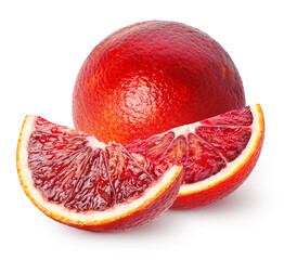 Whole and two slices of bloody orange fruit isolated on white background