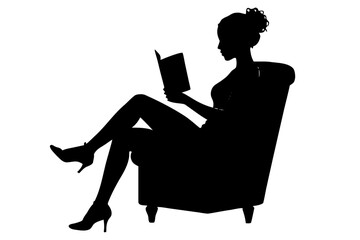 Woman reading book sitting on armchair silhouette vector illustration