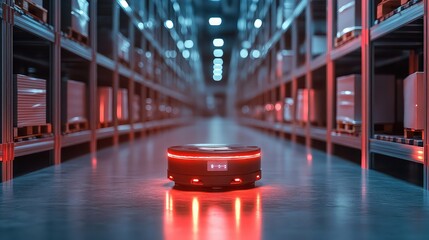 AI algorithm optimizing robotic warehouse layout with dynamic object detection, task distribution matrix, and predictive operational analysis