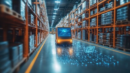 Advanced warehouse robotics coordination system tracking package flow and route optimization in smart logistics center dashboard 