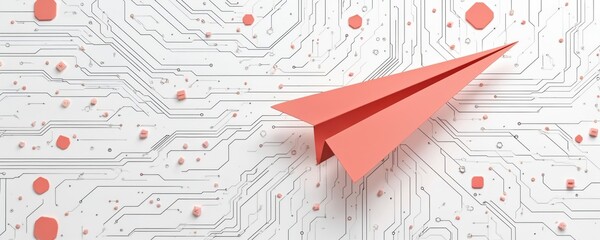 Coral paper airplane flies over white circuit board with geometric coral details. Clean modern design illustrates technology, innovation, communication concepts. Abstract background, flat isometric