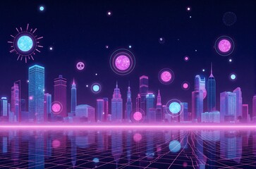 Night city skyline illuminated by vibrant fireworks and a laser show, celebrating an unforgettable concert event