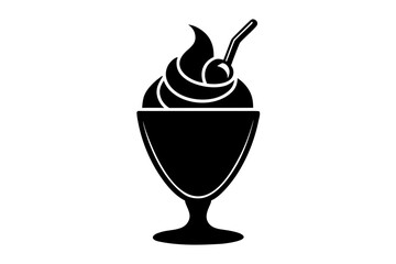 Delicious sundae with cherry topping and spoon silhouette vector illustration