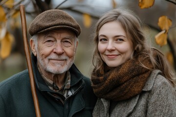 Happy senior man with a walking stick and his adult daughter outdoors on a walk in the park, fostering intergenerational relationships and outdoor activity, Generative AI