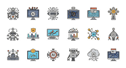 Collection of artificial intelligence icons featuring robots and computer screen displays with ai text ai genrated