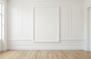 Naklejka premium Minimalist interior room featuring large empty white frame centered on wall with decorative molding. Light wood floor reflects natural light from nearby window. Perfect for displaying artwork custom