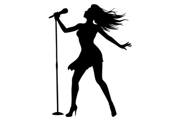 Singing woman with microphone black silhouette vector illustration