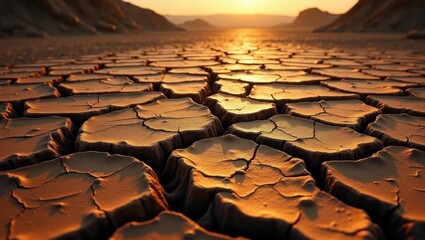 Obraz premium Cracked Earth Sunset Desert Landscape Dry Soil Texture