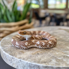 Obraz premium Coiled snake exhibiting patterns and scales, perfect for wildlife and nature photography search