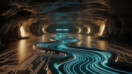 A glowing circuit path winds through an ancient cave tunnel