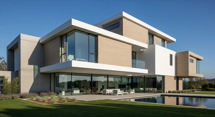 A modern, single-story house with clean lines, neutral tones, and large windows in daylight.