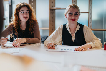 Two businesswomen actively participating in a professional discussion at a contemporary office...