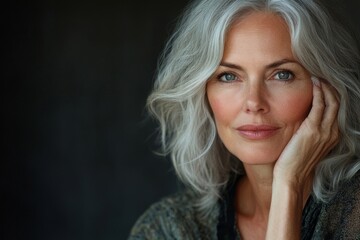 Skincare routine for a mature woman, showcasing her taking care of her skin with grace and elegance. The portrait captures a beautiful older woman with gray hair cleaning her face, Generative AI