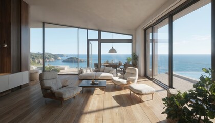 Modern living room with floor to ceiling windows breathtaking sea view. Features comfortable sofa, armchair, wooden floors, natural light creating serene, minimalist ambiance perfect for relaxation,