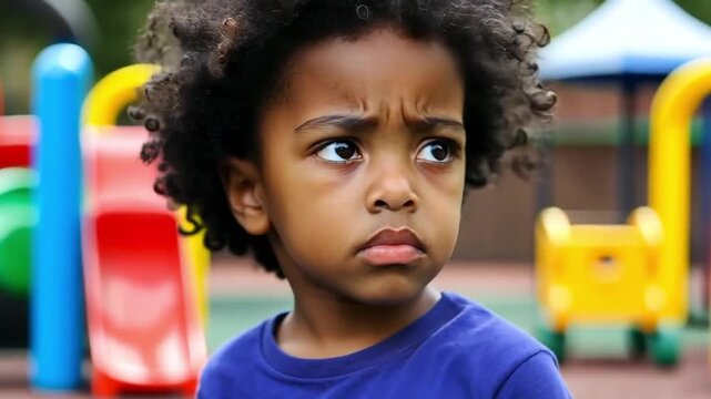 A child at a playground showing a pouting expression.