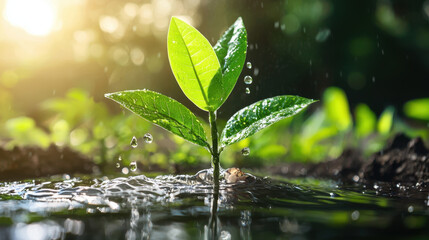 Vibrant green plant emerges from water, glistening with droplets, symbolizing growth and renewal in serene environment