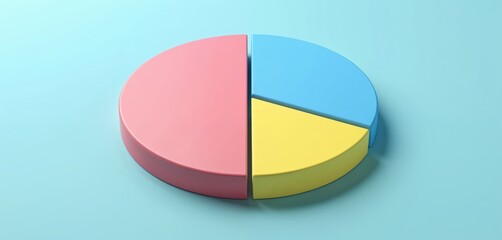 Obraz premium Three dimensional pie chart visually represents financial data. Segments in pink, yellow, blue display stock portfolio distribution. Clean, modern design ideal for business analytics, marketing