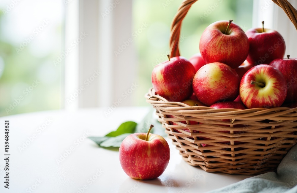 Poster red apples in a wicker basket with one apple placed outside on a white surface and a blurred window 