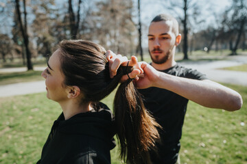 A teenage boy assists a teenage girl with tying her hair in a park, highlighting friendship, casual...